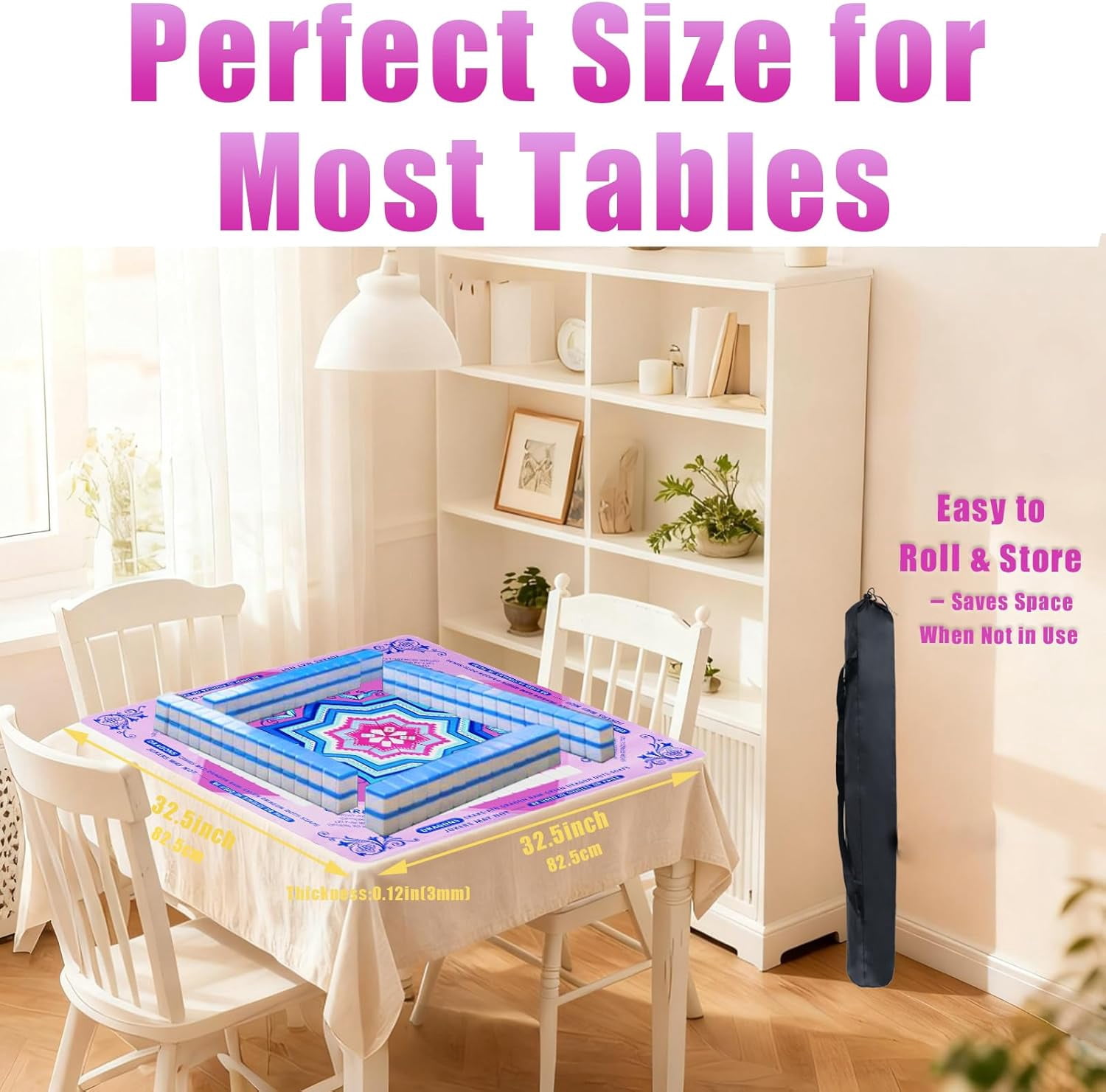 Cyfie Mahjong Mat for Table 32.5x32.5 Inch, 3mm Thick Anti-Slip Noise Reduction Mahjong Mat with Rules, Waterproof Game Mats for Poker, Board Games, Cards & Dominoes (Pink)
