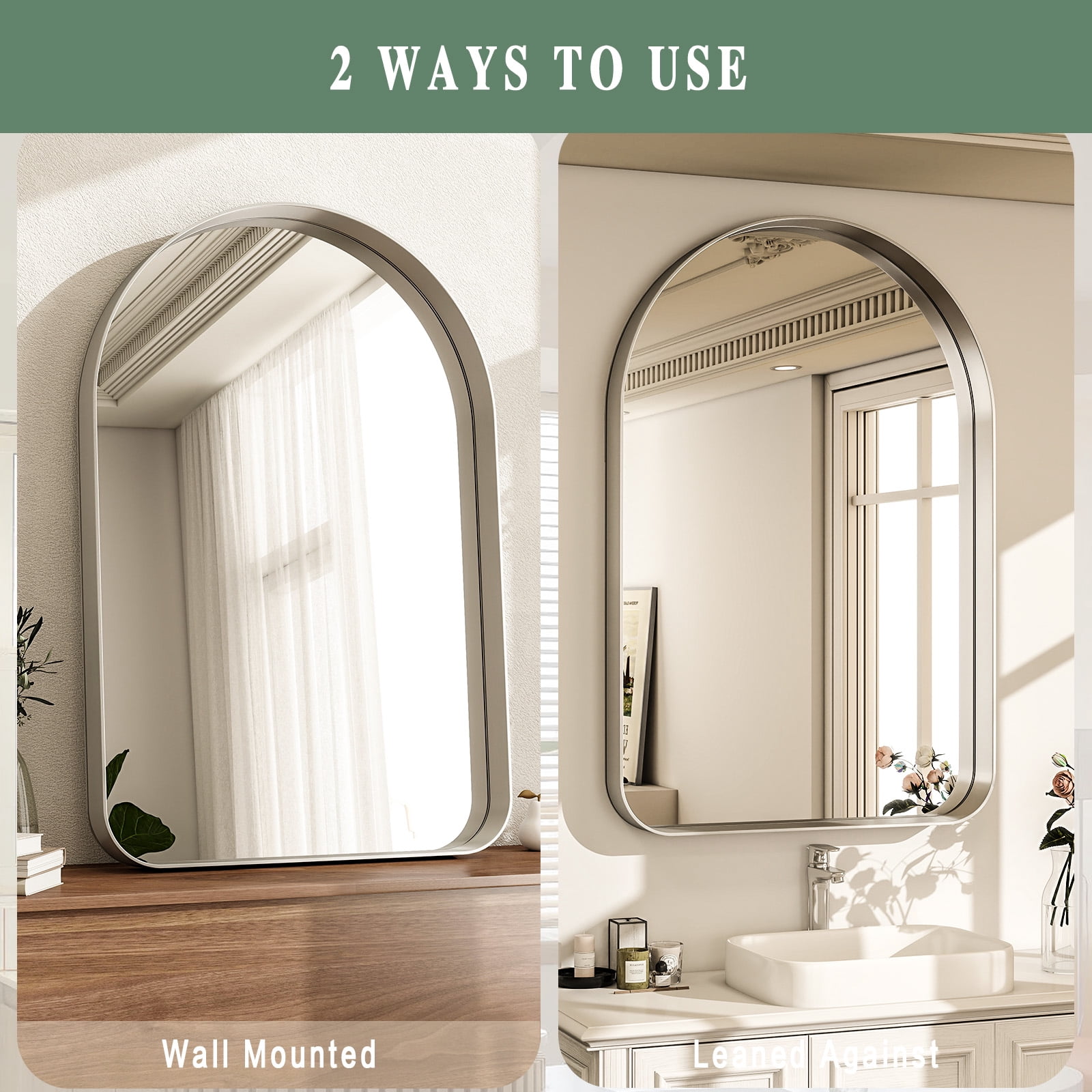 Gleamira 20"x30" Arched Bathroom Mirror Rounded Corner Vanity Wall Mirror with Deep Frame, Silver