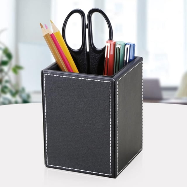 Porta lápices cuadrados de cuero PU, taza, organizador de papelería de escritorio, caja contenedora de accesorios de oficina (negro)