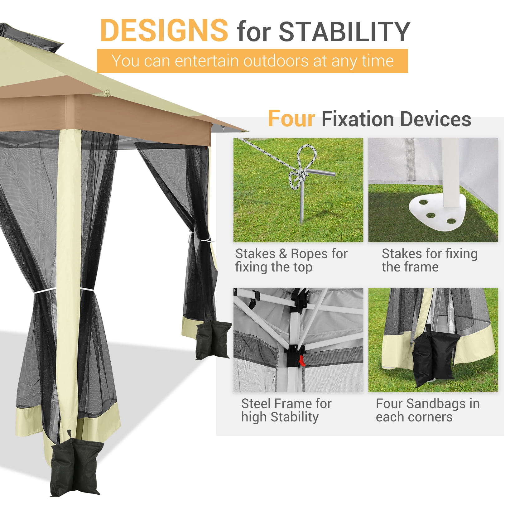 SANOPY 12x12FT Outdoor Pop up Gazebo with Mosquito Netting, Shade and Rain Instant Patio Canopy with 4 Sandbags for Garden Backyard, Light Brown