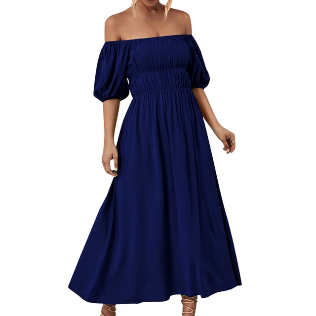 Gibobby Vestido largo para mujer, de verano Vestidos casuales de verano para mujer Color sólido Hombro Escote cuadrado Vestido oscilante Vestido de playa infor(Marina,M)