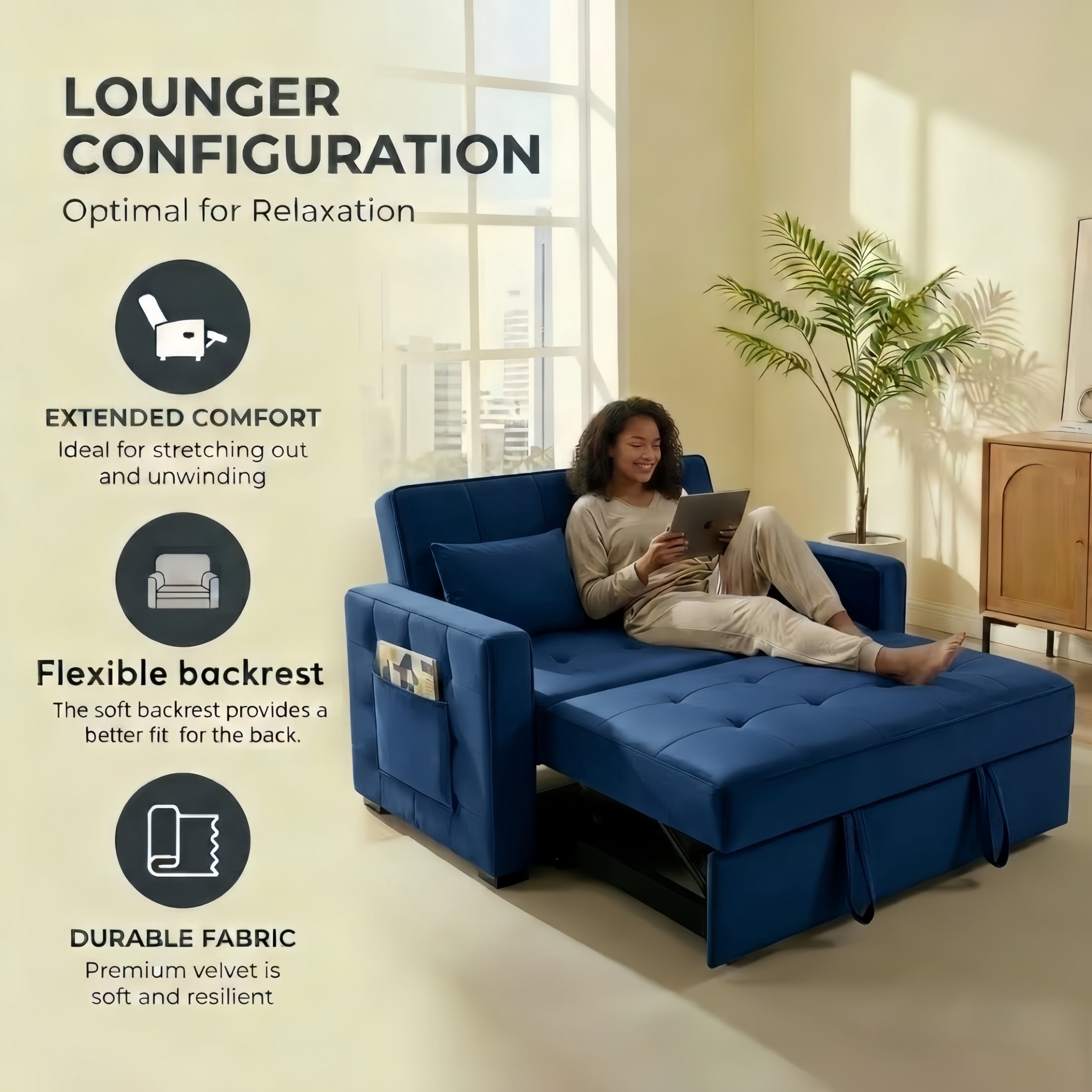Amuille 3 in 1 Convertible Sleeper Sofa Bed, 54" Velvet Fabric Loveseat, Pull Out Couch for Living Room and Apartment, Blue
