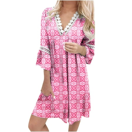 

Juebong Women Casual Summer Dresses 3/4 Sleeve Party Tunic Swing Casual V Neck Boho Paisley Print Lace Trim V-Neck Midi Dress