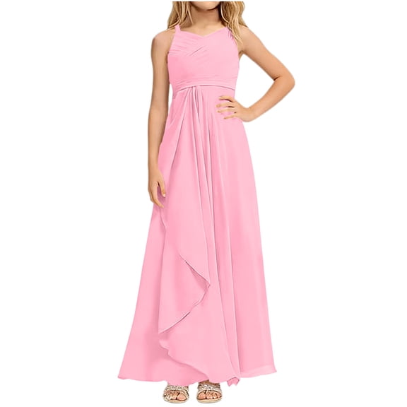 MGDXOX Girls Sleeveless Chiffon Floor Length Dress with Asymmetrical Ruffle Skirt Formal Evening Gown for Wedding and Party Pink 110