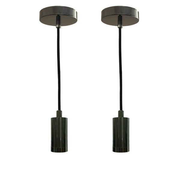 Royal Designs Keyless Gun Metal Gray Cylinder-Shaped Pendant Light Socket and Canopy with Black Rayon Fabric Cord, Set of 2