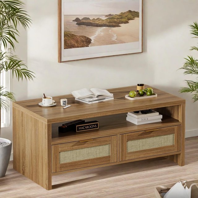 Royalbelle 40-Inch Modern 2-Tier Cocktail Table,Rattan Coffee Table with Storage with 2 Rattan Doors and Open Shelf,Wooden Center Table with Thick Wood Top for Farmhouse/Apartment,Brown