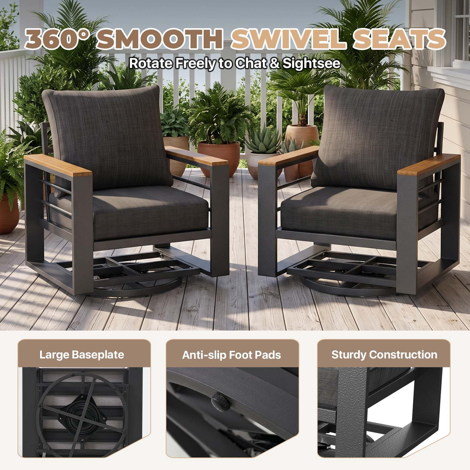 BaPiPro 2PCS Outdoor Swivel Patio Chairs, All Aluminum Frame with Wood-Look Armrest, 24 Inch Extra Wide Seat Fade Resistant Cushioned Single Sofa Chairs for Backyard Pool, Dark Gray