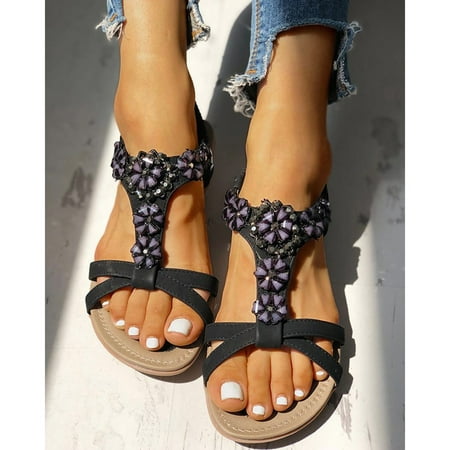 

new home gifts for home Summer Womens Studded Flower Embellished Flat Sandals Shoes Crystal Sandals PU Black