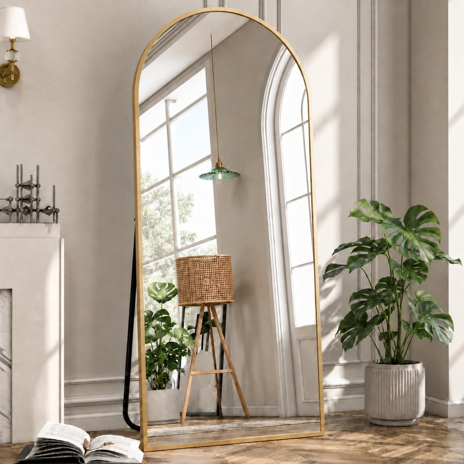 GRAHMCY 71" x 30.2" Arched Large Full Length Mirror Wall Mounted Floor Mirror with Stand, Gold