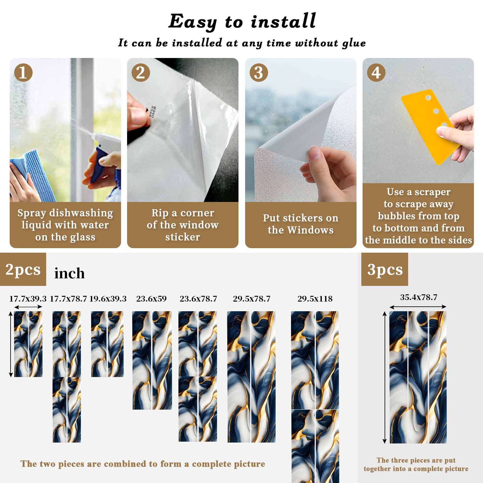 Navy Blue Marble Window Privacy Film, Gold Modern Art Static Cling UV Sun Blocking Heat Control Window Tint Day and Night, Non-Adhesive Reusable One Way Windows Privacy Cover 23.6''x59''