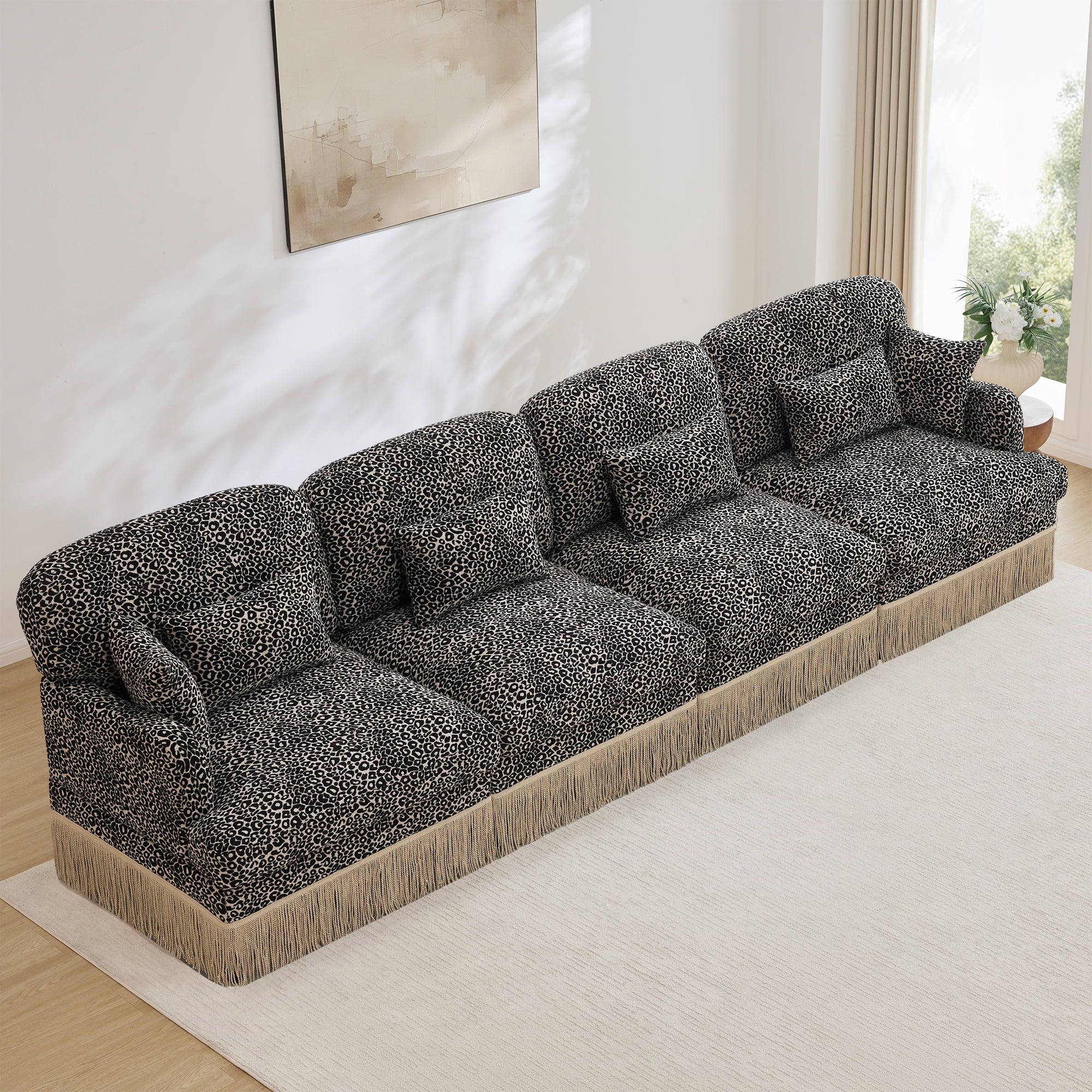 131" Chenille Leopard Tassel Deep Seat 4 Seater Sofa Couch with 6 Throw Pillows
