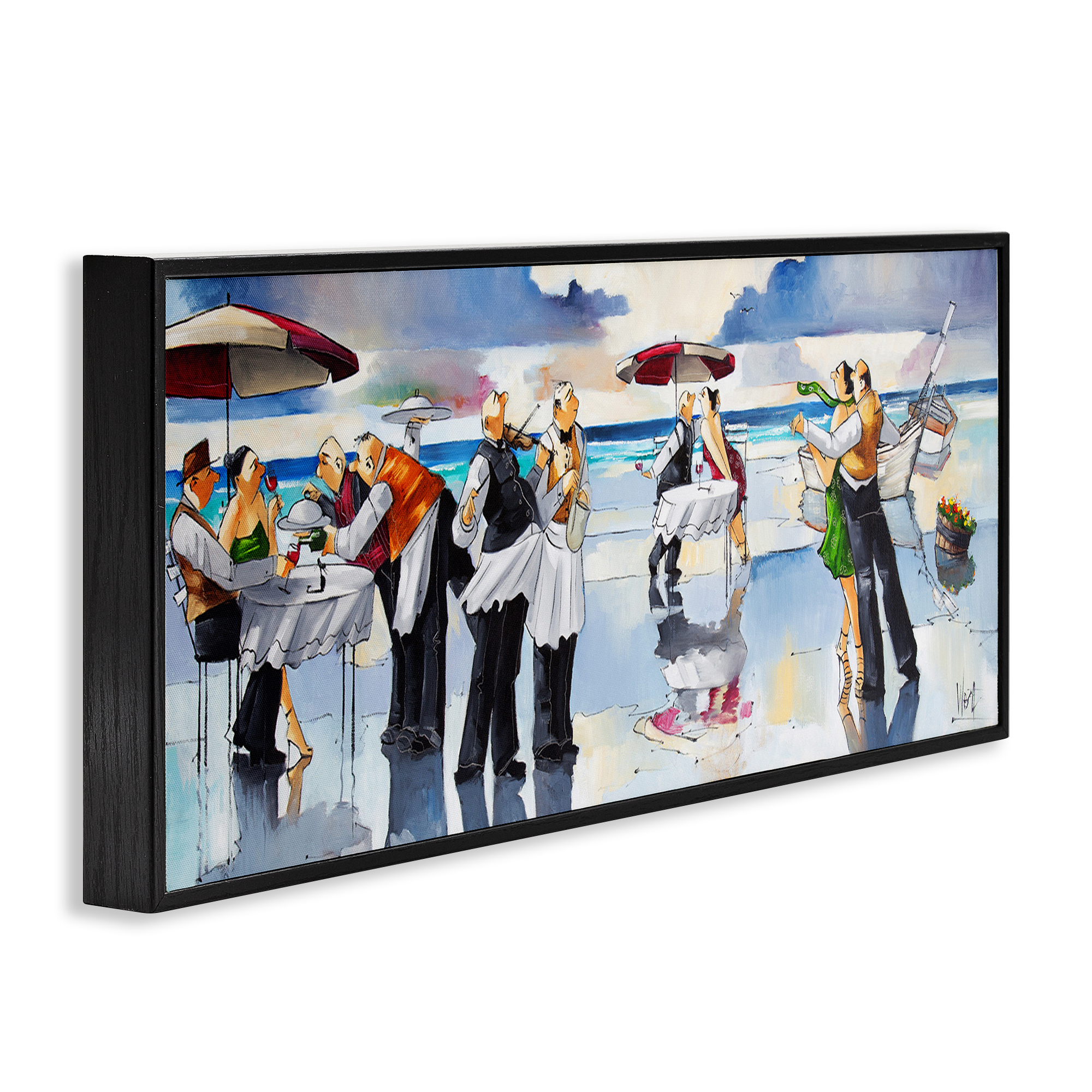 Stupell Industries Fancy Dinner on Beach Novelty Painting Black Framed Art Print Wall Art, 24 x 10