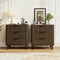 thumbnail image 2 of 18" Wide Fluted Nightstand Set of 2 with Charging Station Modern Wood Bedside Table with 3 Drawers, Mid Century End Table for Bedroom Living Room Office, Walnut, 2 of 8