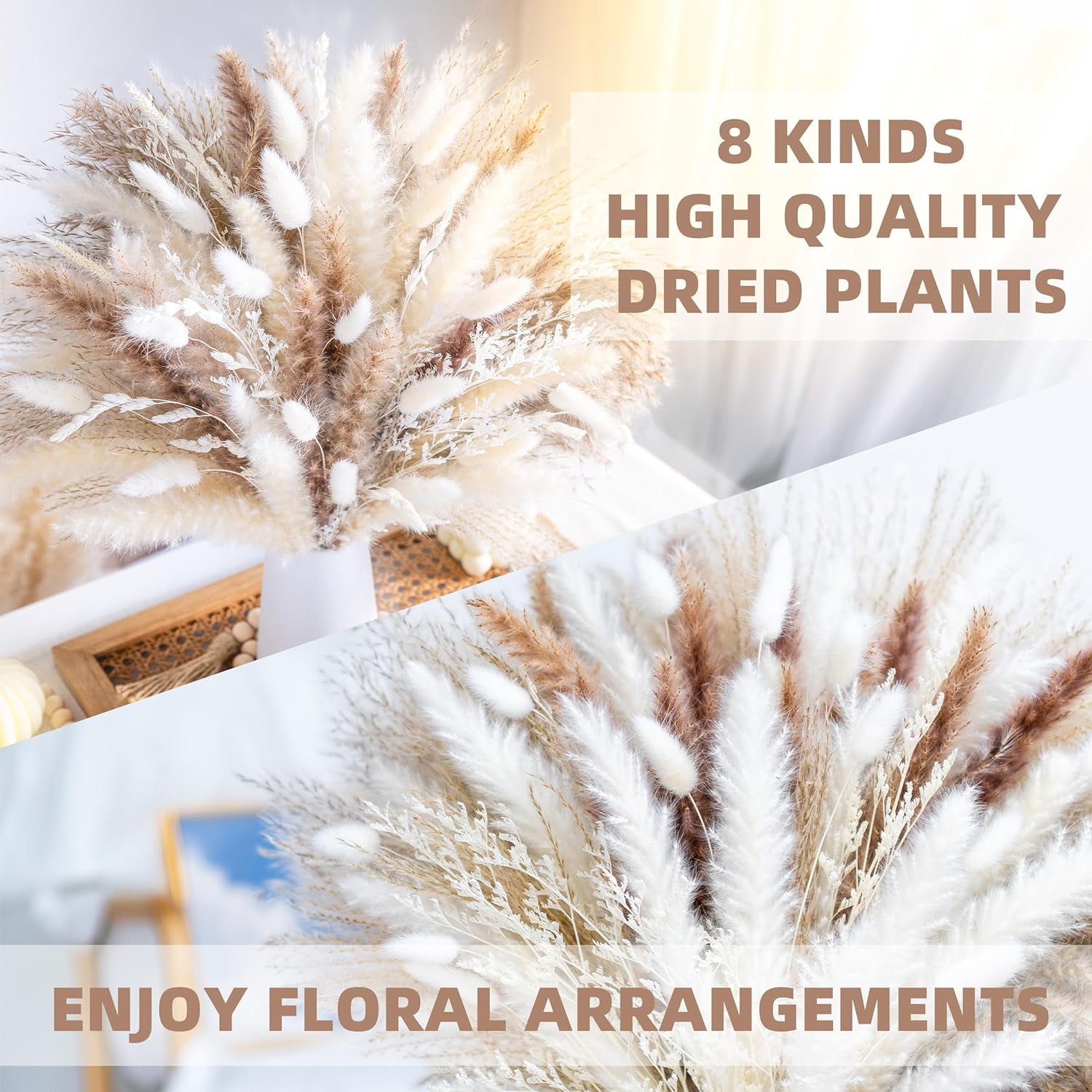 96PCS Natural Dried Pampas Grass Boho Home Decor Bouquet Phragmites Flowers for Wedding Floral Arrangements Living Room Decorations (96PCS)