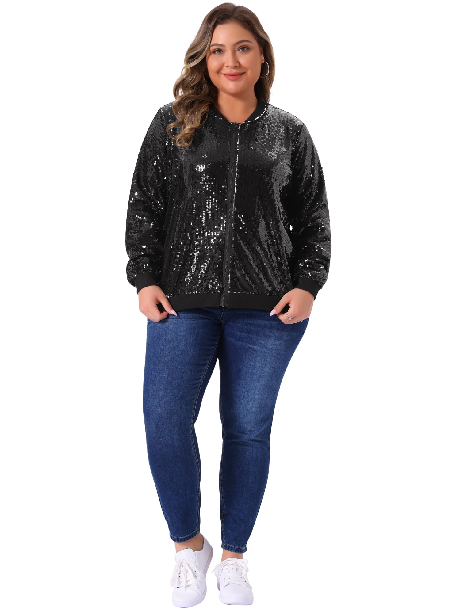 DARING DIVA Women's Plus Size Shiny Glitter Sequin Bomber Jacket 2X Black
