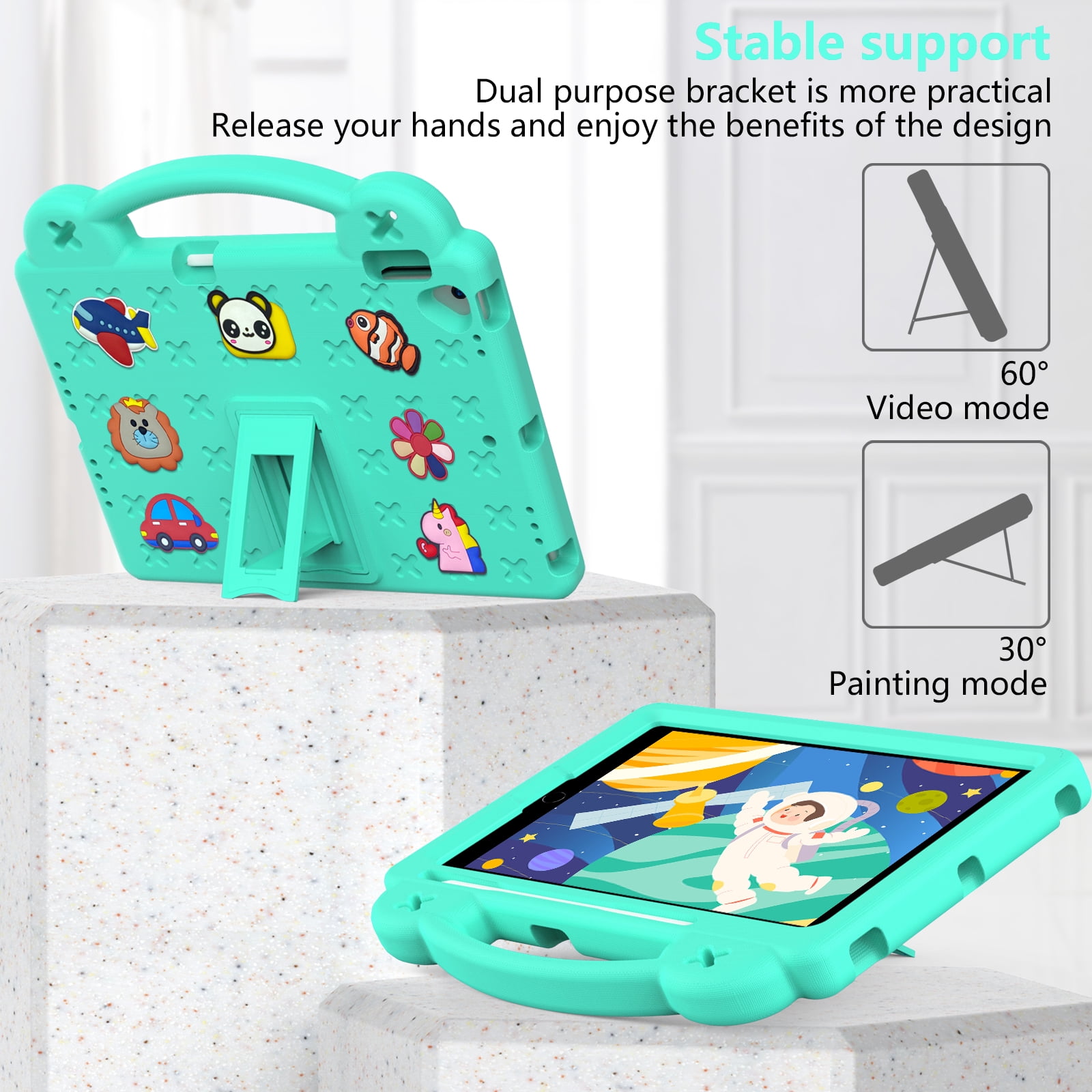 ELEHOLD Kids Case for iPad 9th/8th/7th Gen (2021/2020/2019)10.2 inch, EVA Foam Cute Cartoon Case with Built-in Kickstand Pencil Holder Shockproof Portable Case for iPad 10.2",Mintgreen