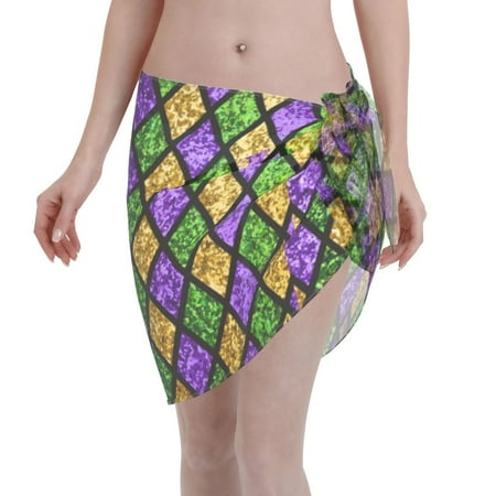 Ocsxa Mardi Gras Shiny Green Purple Print Sarong Coverups For Women Bathing Suit Wrap Swimsuit Skirt Beach Bikini Cover Up Swimwear