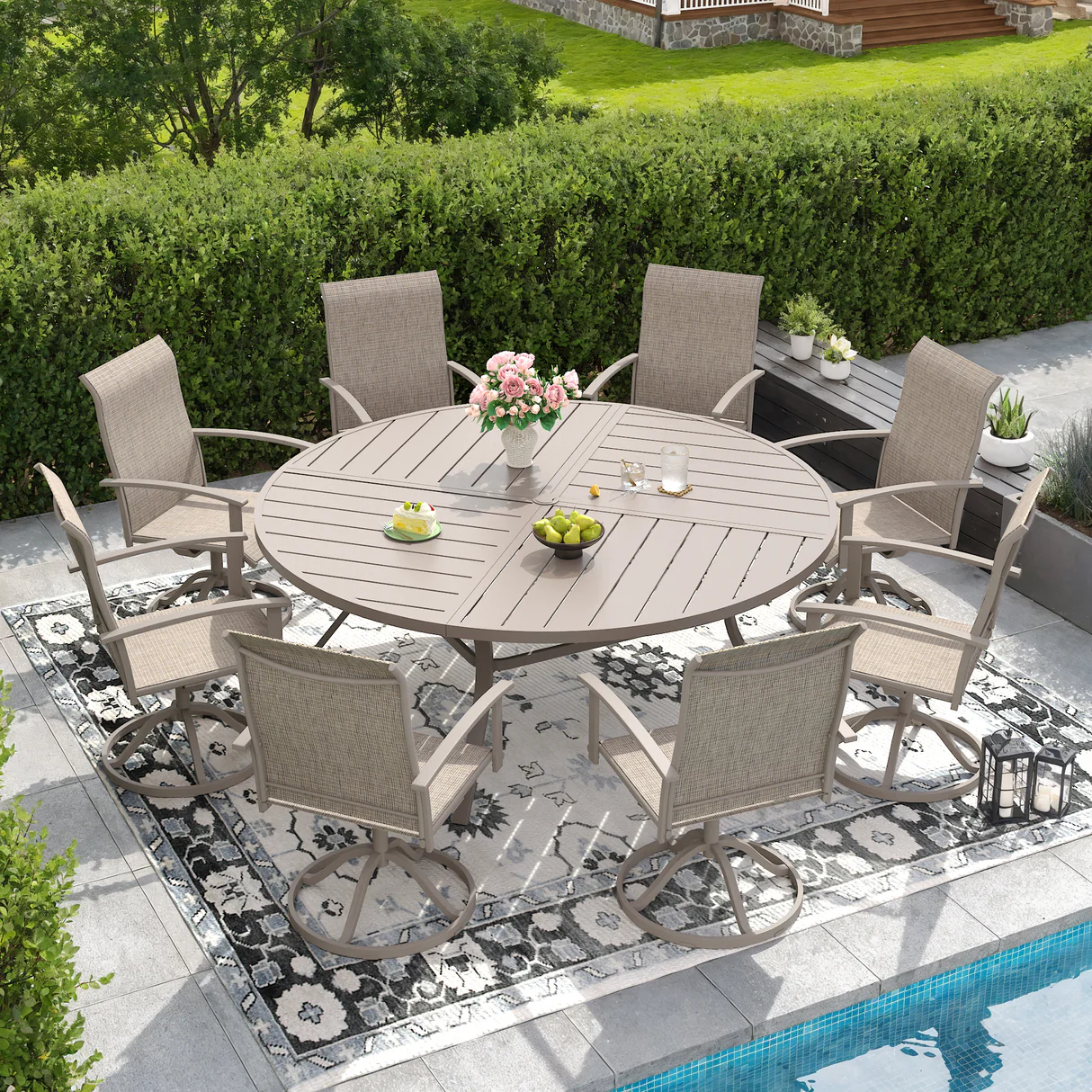Vicllax Patio Swivel Chairs Set of 4, Outdoor Dining Chairs with Weather-Resistant Textilene Fabric & Metal Frame，Sandshell