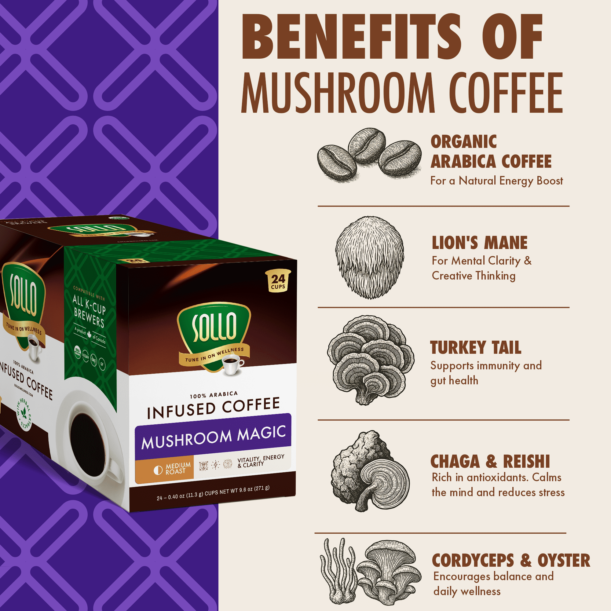 Sollo Infused Super 6 Mushroom Blend, Coffee Pods – 100% Arabica Medium Roast with 6 Functional Mushrooms & B-Vitamins – Lion’s Mane, Chaga, Reishi, Cordyceps, Turkey Tail, Oyster – 24 K-Cups