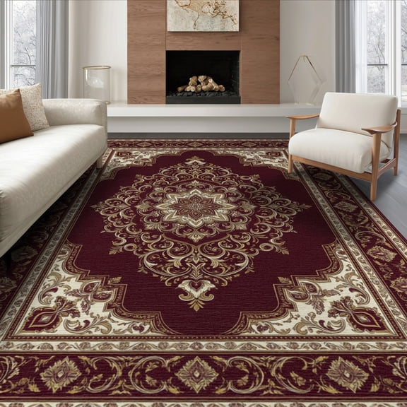 ODIKA 8'x10' Washable Area Rug Medallion With Floral Border And Ornate Scroll Motifs Vintage Oriental Refined for Dining Room, Large Office, Lounge, Non-Slip Chair-Friendly Mat