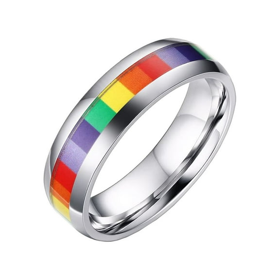 PAMTIER 6MM Unisex Gay and Lesbian Pride Stainless Steel Fashion Classic Silver Sticker Rainbow Ring Personality Homosexuality Silver Size 8