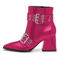 thumbnail image 2 of FSJ Women Stylish Pointed Toe Side Zipper Ankle Boots Chunky Mid Heel Double Metal Buckle Strap Studded Short Booties Date Shoes Size 6 Pink, 2 of 5