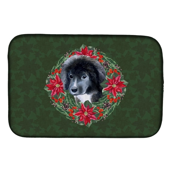 Newfoundland Puppy Poinsetta Wreath Dish Drying Mat