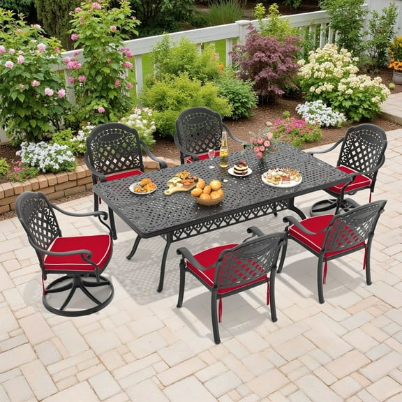 Hzzkey 6-Person Rectangular Cast Aluminum Patio Set with 2 Swivel Chairs,Red Cushions & Umbrella Hole