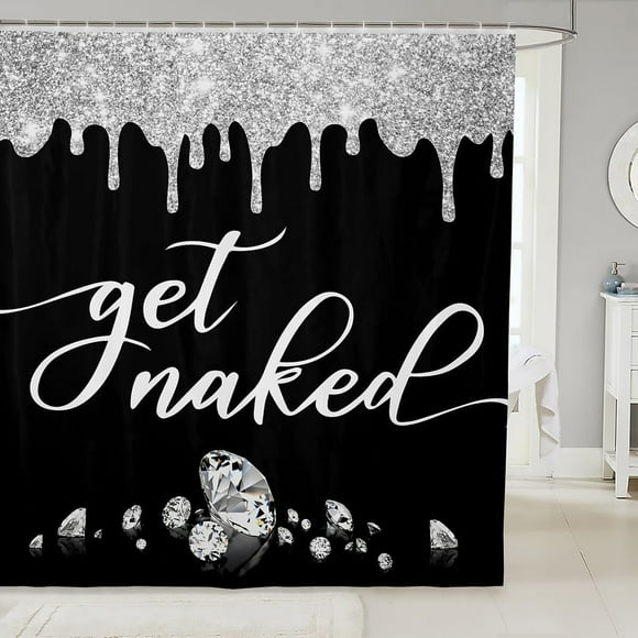 Get Naked Shower Curtain Silver Grey Black Glitter Shining Diamond Bath Curtain for Kids, Boys, Girls, Teens Bedroom Decor Funny Quotes Modern Bathroom Accessories Add a Fun and Stylish Touch (72"x72