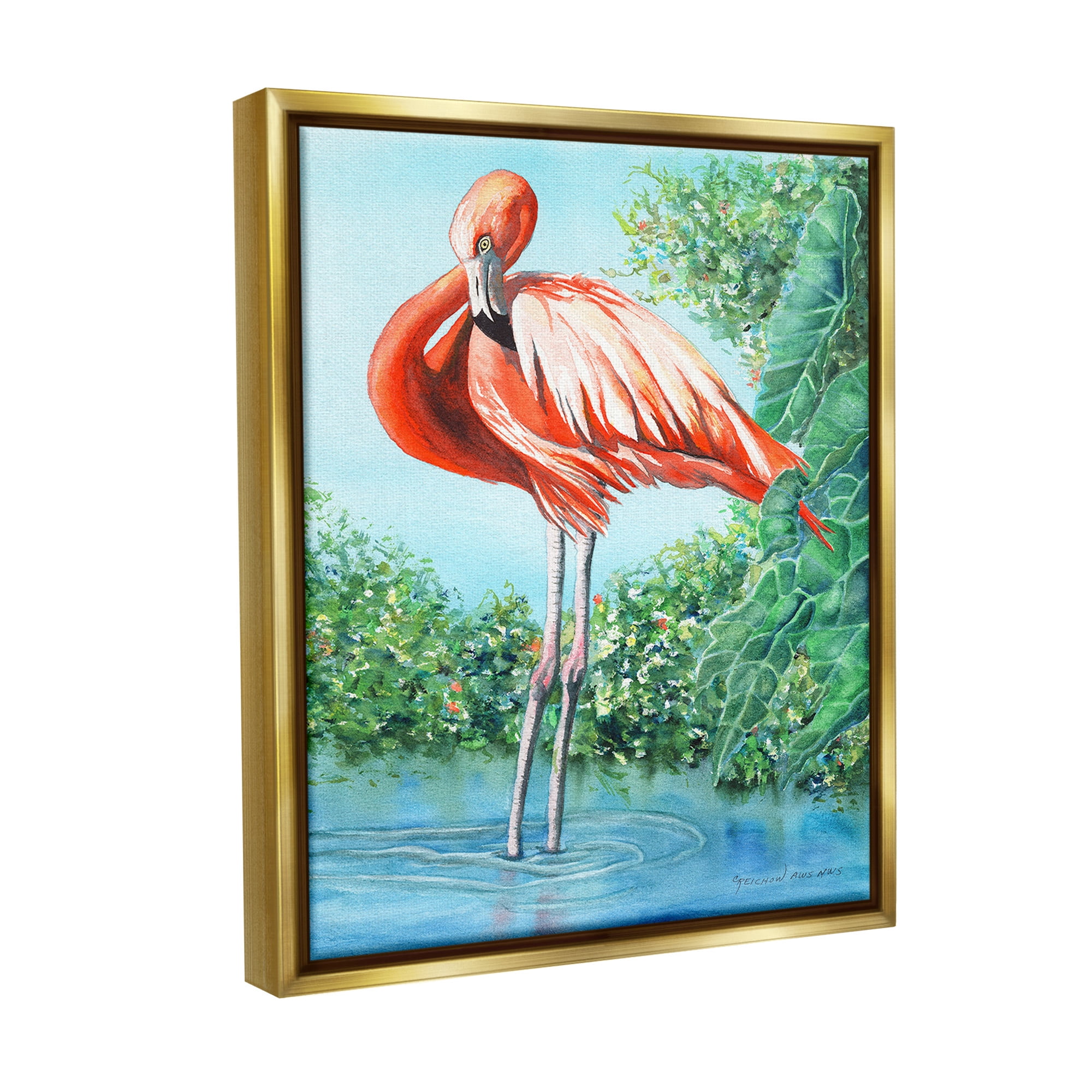 Stupell Industries Flamingo & Lush Nature Animals & Insects Painting Gold Floater Framed Canvas Art Print Wall Art, 25 x 31