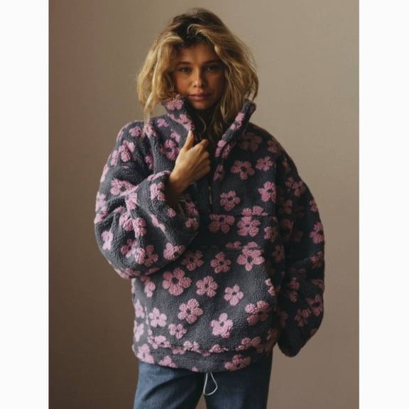 Women's Fleece Sweatshirt Fall Cute Floral Faux Fur Pullover Casual Zip Up Winter Sherpa Jacket
