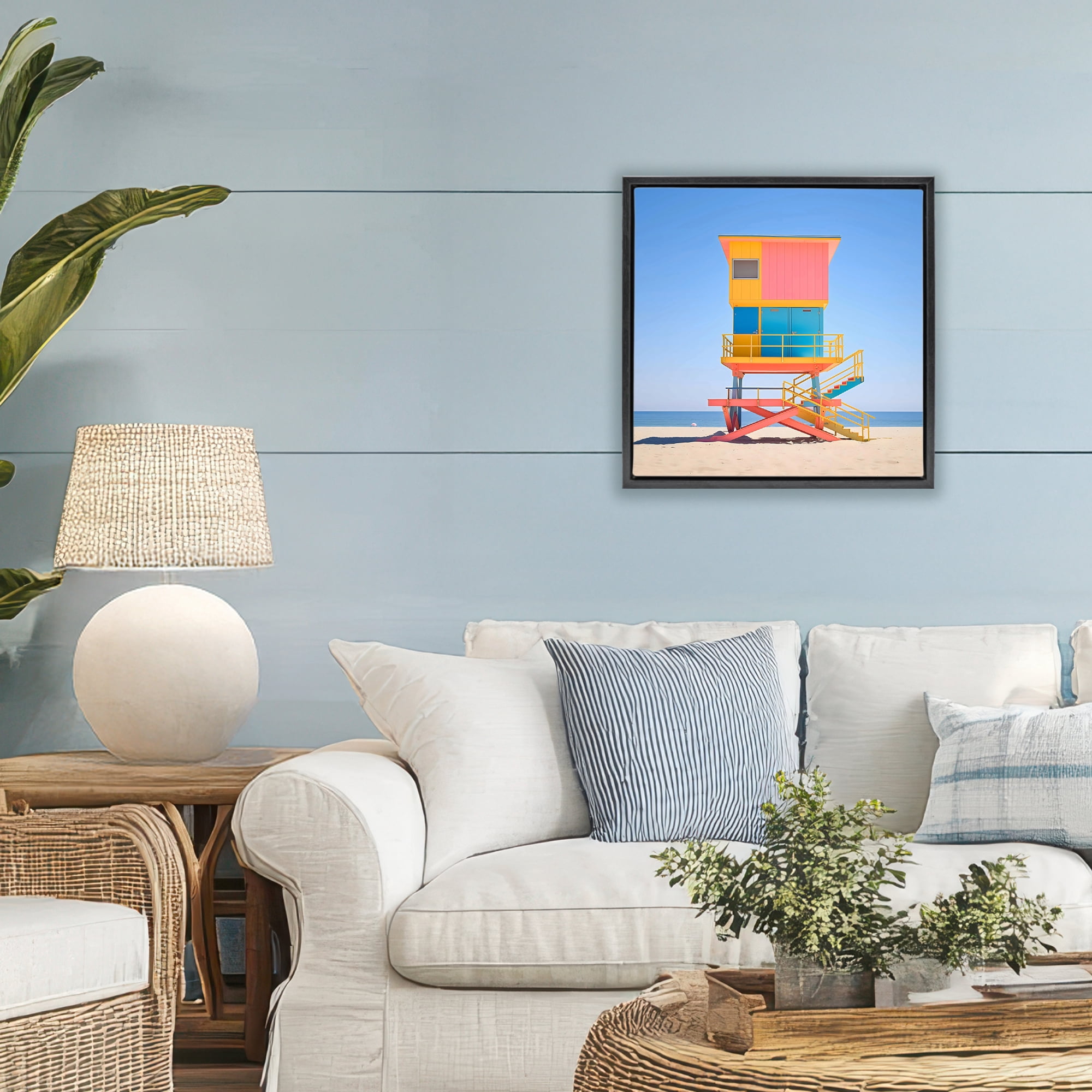 Stupell Industries Deco Lifeguard Tower on Beach Black Framed Floater Canvas Wall Art, design by Creative Studio