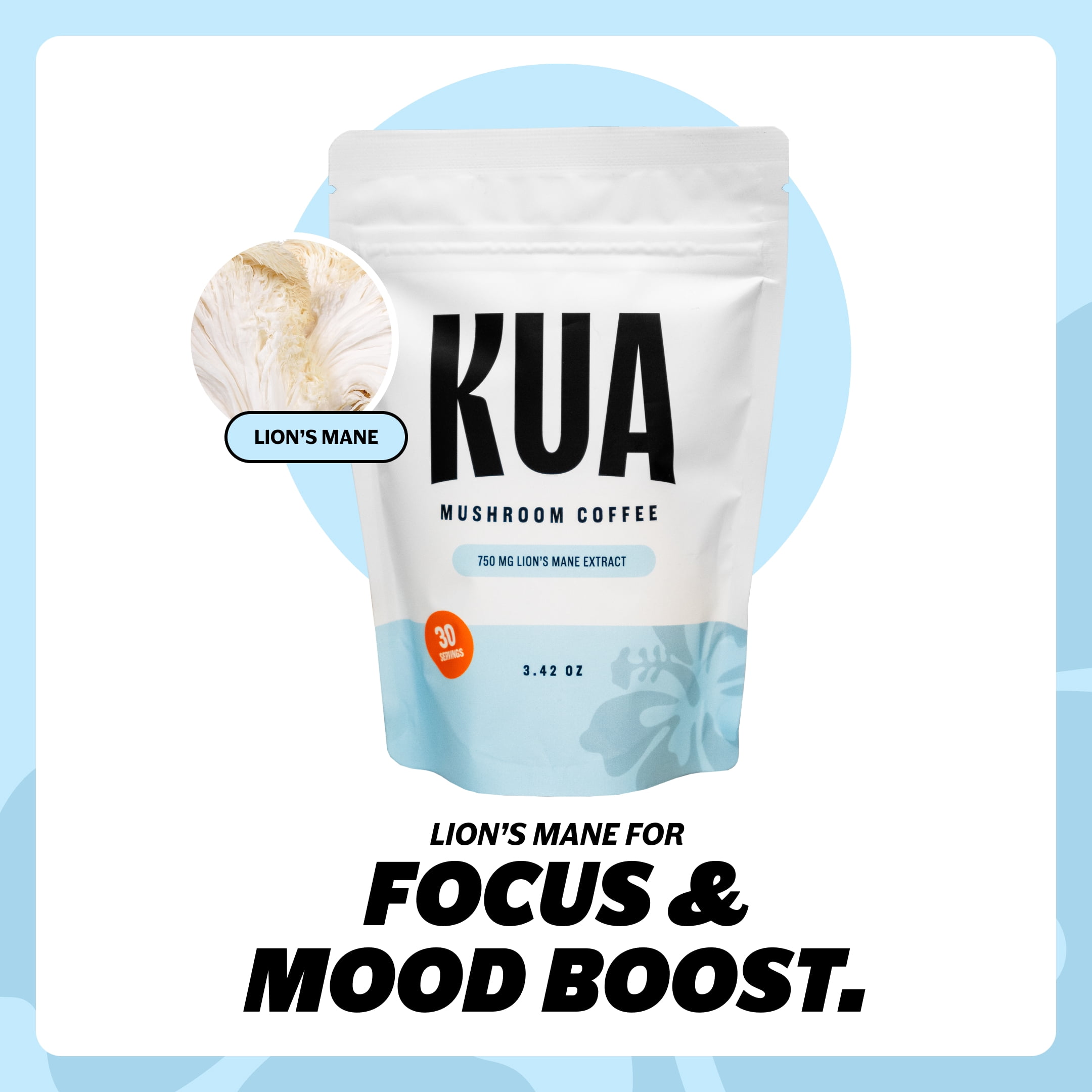 Organic Mushroom Coffee by KUA with Lionsmane Mushroom Extract for Better Focus, Better Mood, Better Energy - Sugar Free, 0 Calorie, Organic 30 Servings of Instant Mushroom Coffee