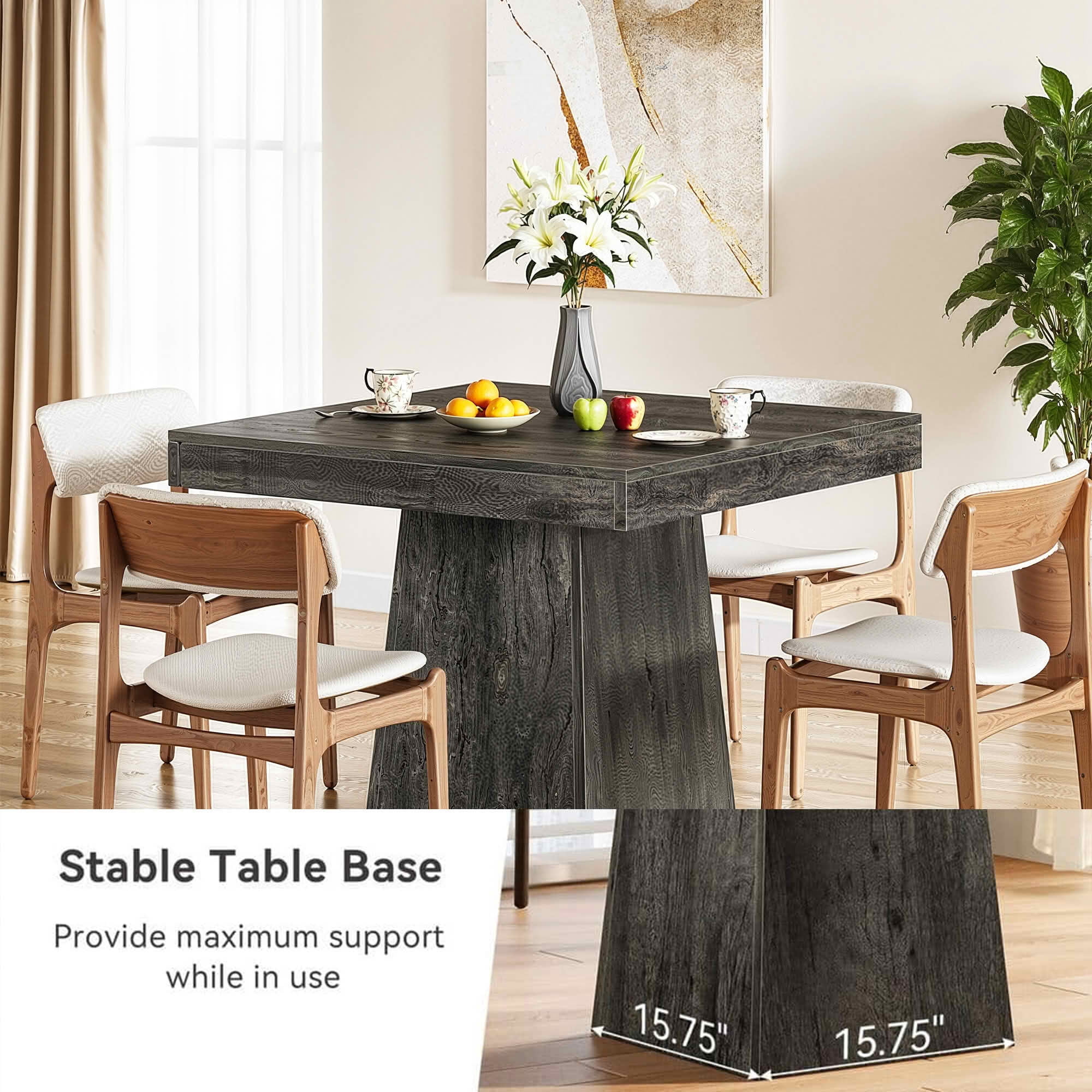 MAYEERTY 31.5 Inch Gray Farmhouse Square Dining Table, Thick Top Pedestal Table Seats 4 for Small Spaces