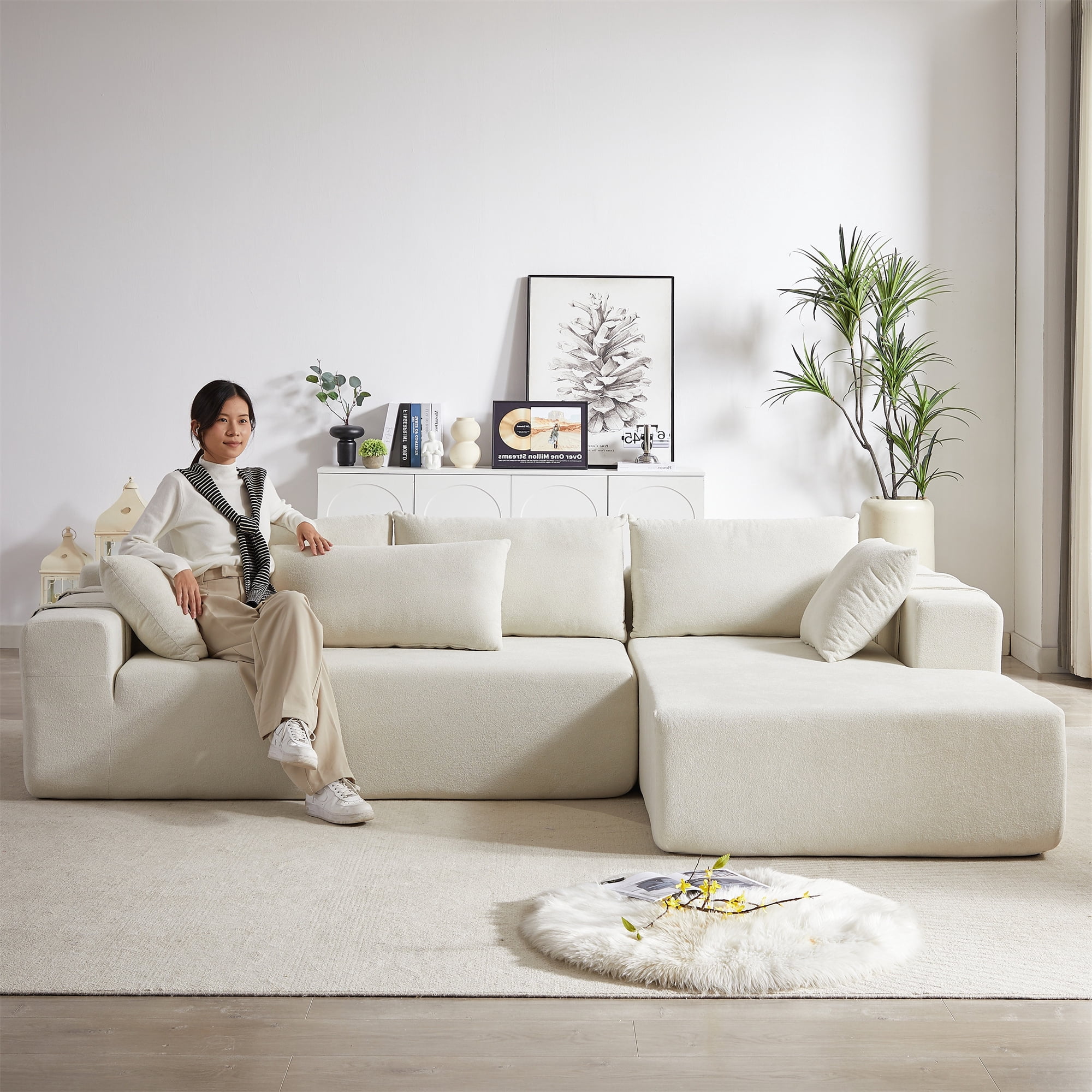 Aukfa 108" Modular Sectional Couch, Deep Seat Cloud Sofa with 6 Pillows, No Assembly, Right Chaise, Beige