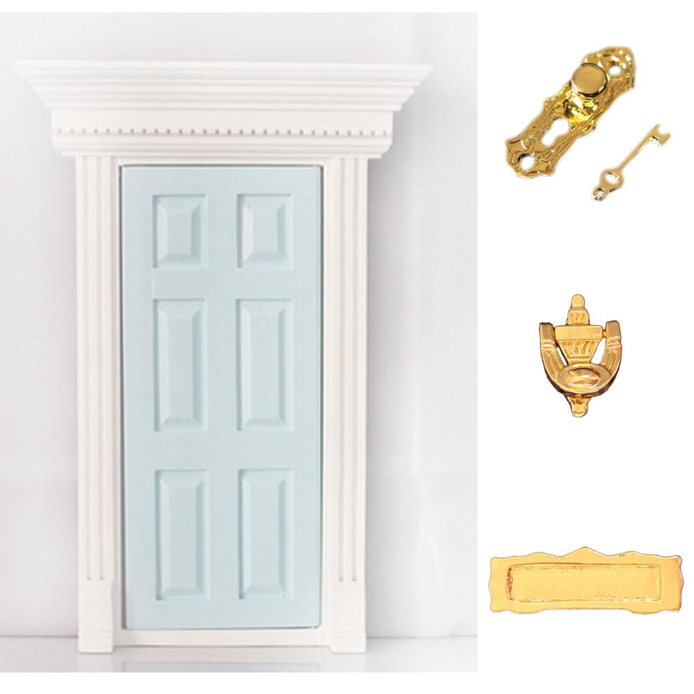Blue Interior Wood Door With Metal Hardware Assembled For 1:12 Scale Dollhouse