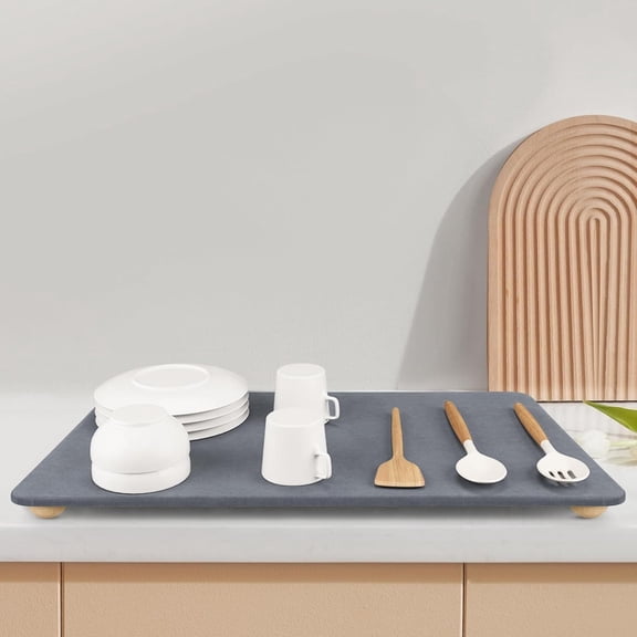 Large Stone Dish Drying Mat for Kitchen Counter, 24"×16" Quick Dry Super Absorbent Diatomaceous Earth Stone Mat with hemisphere wooden feet, Non-slip, Heat Resistant, Multi-purpose mats.