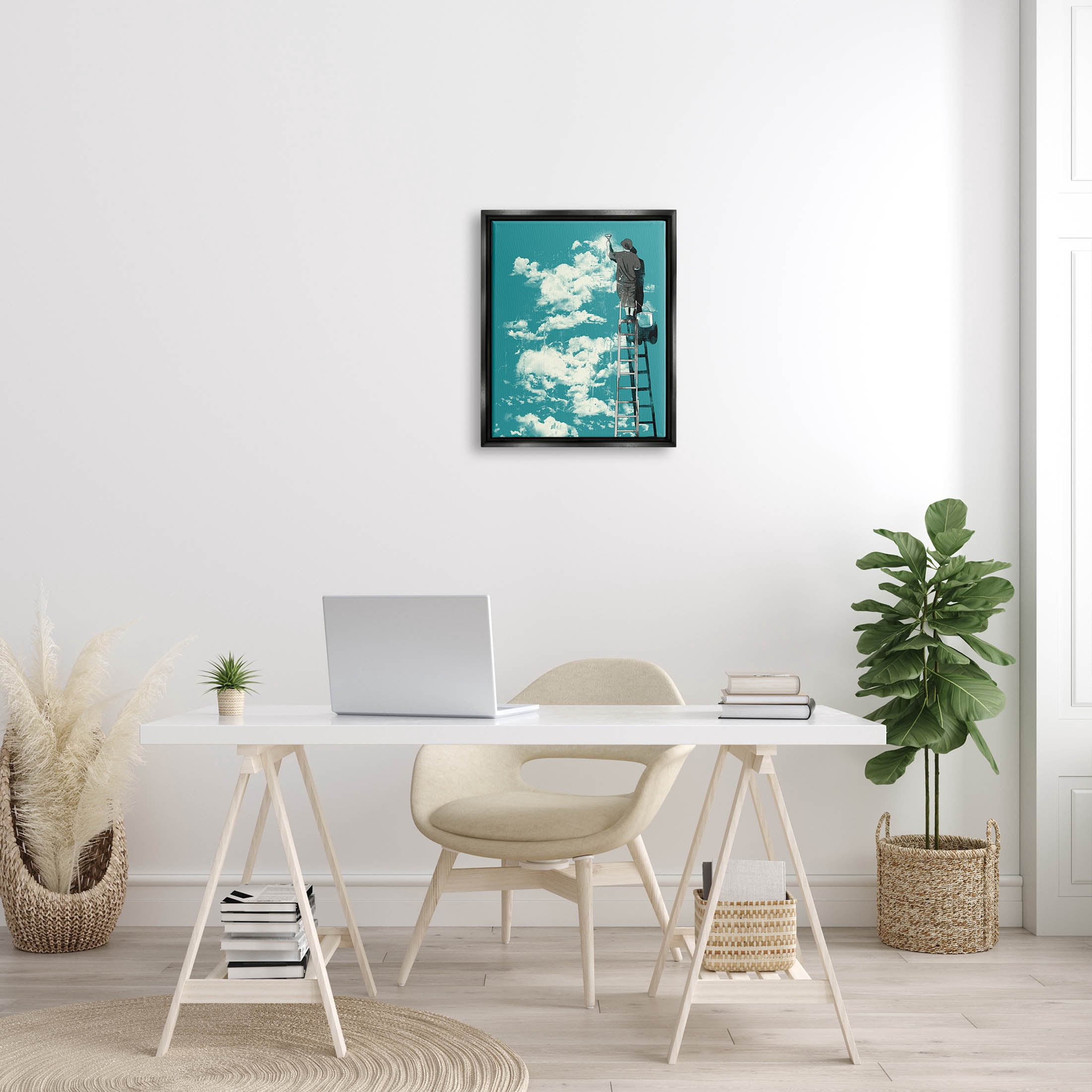 Stupell Industries Painter On Ladder Conceptual Clouds Graphic Art Jet Black Floating Framed Canvas Print Wall Art, Design by Matheus Lopes Castro