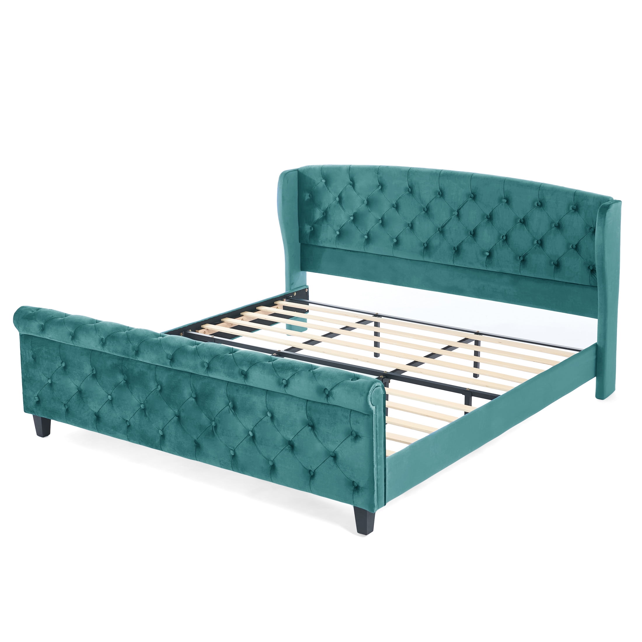 Christopher Knight Home Velvet Upholstered King Bed Frame with Wingback Headboard & Scroll Footboard, Turquoise