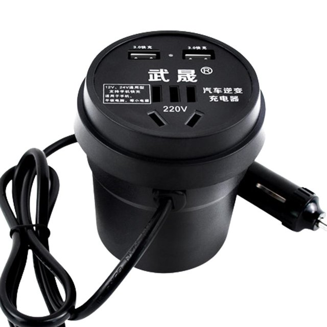 sgacai inversor de corriente para coche de 12 v a 220 v, tipo copa, para cargar el teléfono del coche — vista superior de un inversor negro tipo taza con 2 puertos USB Quick Charge 3.0, 2 salidas CA 220V y texto en blanco en el panel; cable de 80 cm con conector para mechero 12V/24V, compacto para colocarse en portavasos y adecuado para cargar laptops, tabletas y teléfonos en ruta.