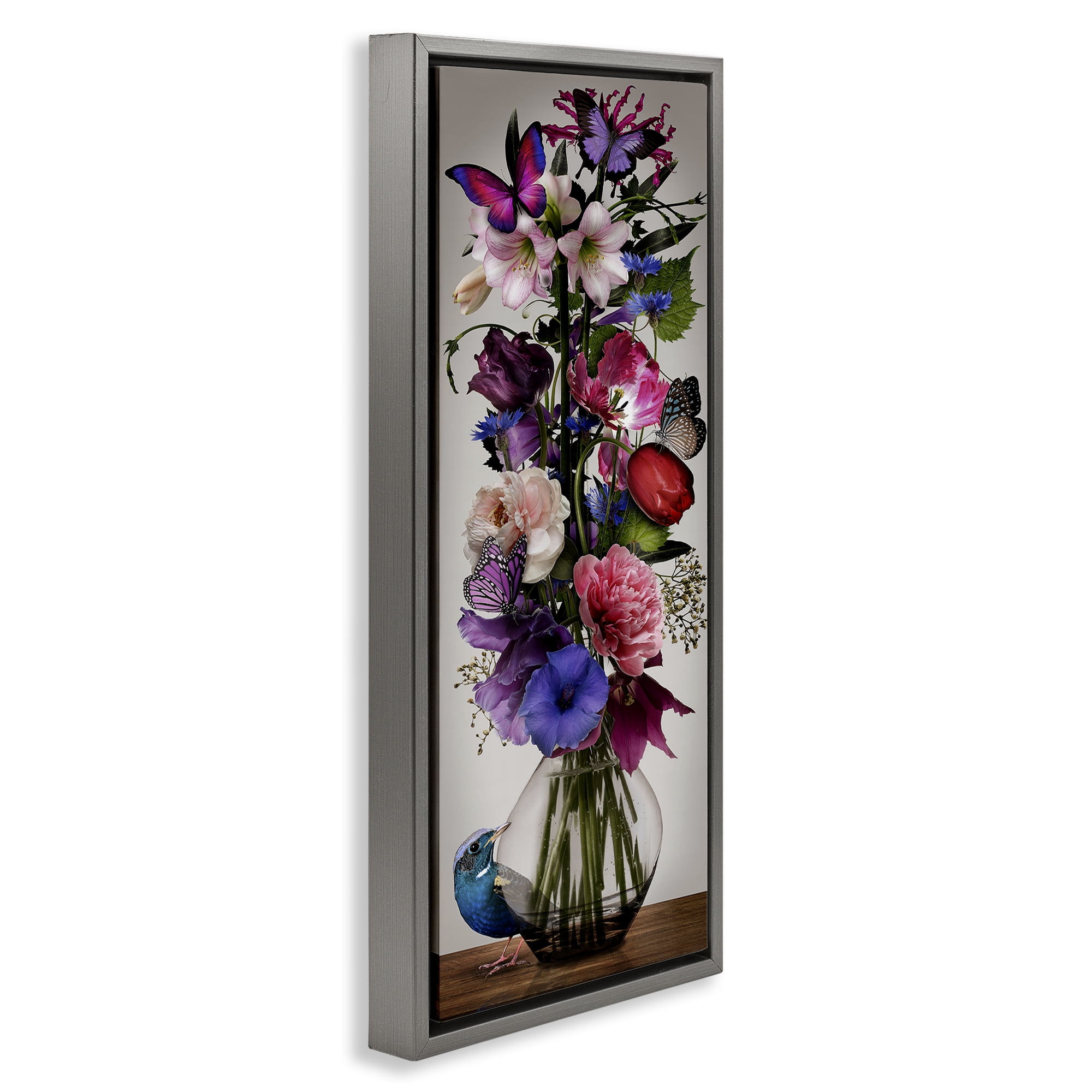 Stupell Industries Bird Peeking at Bouquet Plants & Flowers Painting Gray Floater Framed Canvas Art Print Wall Art, 11 x 25