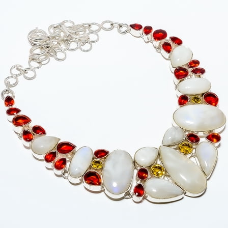 Rainbow Moonstone - Bihar & Garnet 925 Silver Plated Necklace 17.99" TN524-718, Valentine's Day Gift, Birthday Gift, Beautiful Jewelry For Woman