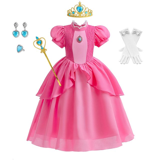 Vestido Conjunto de disfraz de princesa melocotón, traje de fiesta de cumpleaños y Carnaval para niñas Kuymtek Rosa 5 -6 años para Niña