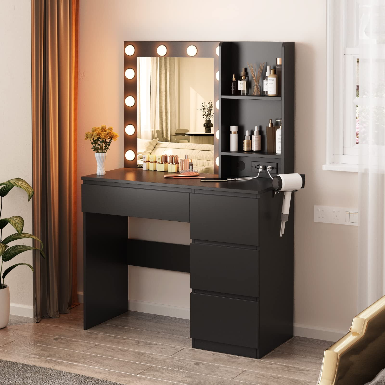 Veanerwood Makeup Vanity with Lights, Bedroom Vanity Table with Power Strip, Modern Dressing