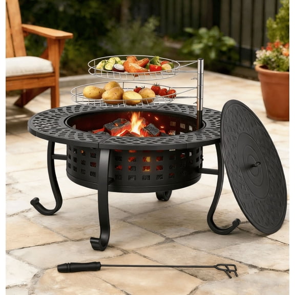 BORGEBY 36 Inch Fire Pit Table, Wood Burning with Lid & Adjustable Grills,3-in-1 Fire Pit Table for BBQ, Bonfire & Patio Dining