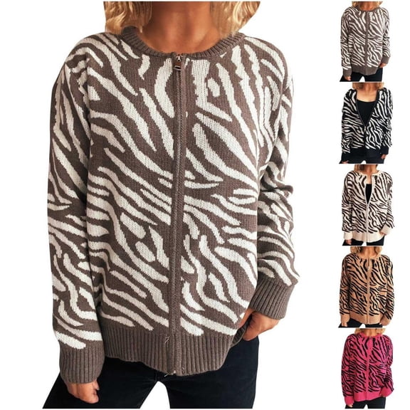 Bxsruta Womens Zip Up Sweater Long Sleeve Animal Print Knit Cardigan Casual Loose Outerwear