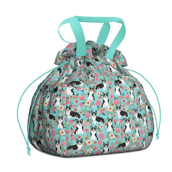 Corgi Dog and Flowers Drawstring Lunch Bag Women - Drawstring Lunch Bag Insulated for Work Office - Stain-Resistant Large Lunchbags for Women with Multi-Pockets