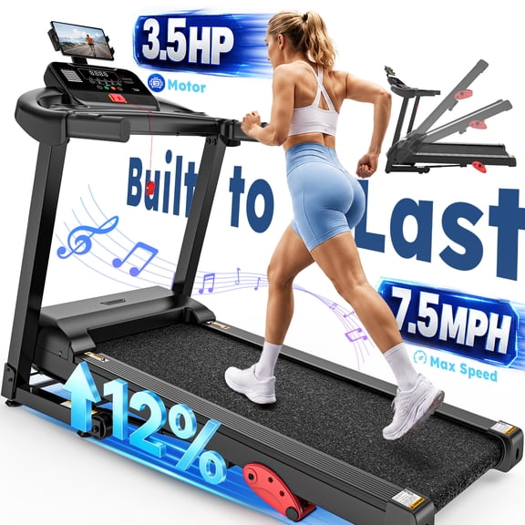 3.5HP Home Folding Treadmill 300lb Capacity, Treadmill with 12% Manual Incline, Running Walking Max 7.5MPH Speed, APP & Bluetooth, Effortless Hydraulic Slow-Release Fold Exercise Treadmill