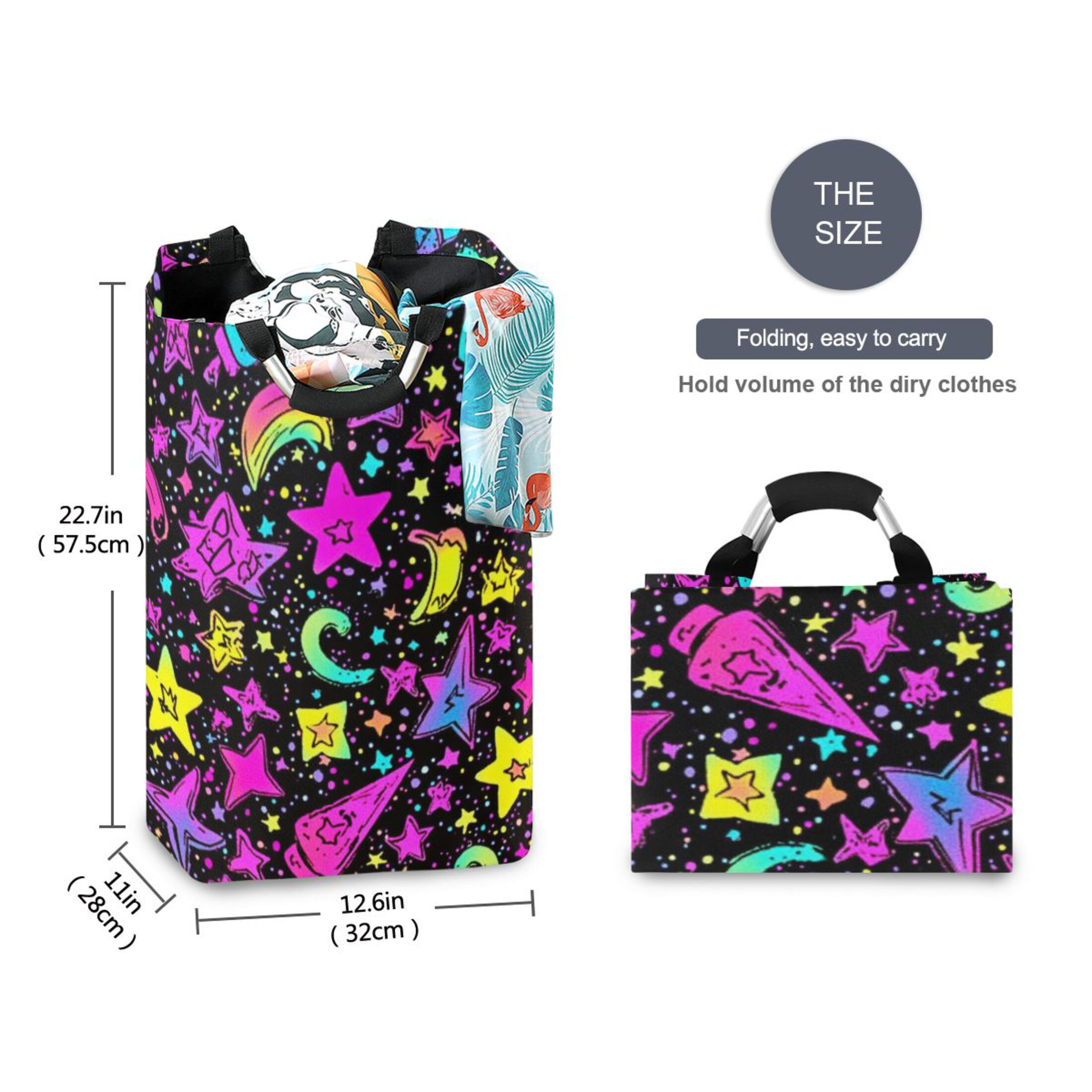 Neon Stars Print Laundry Basket with Handles 50L Collapsible Laundry Hamper for Bathroom Bedroom Laundry Room