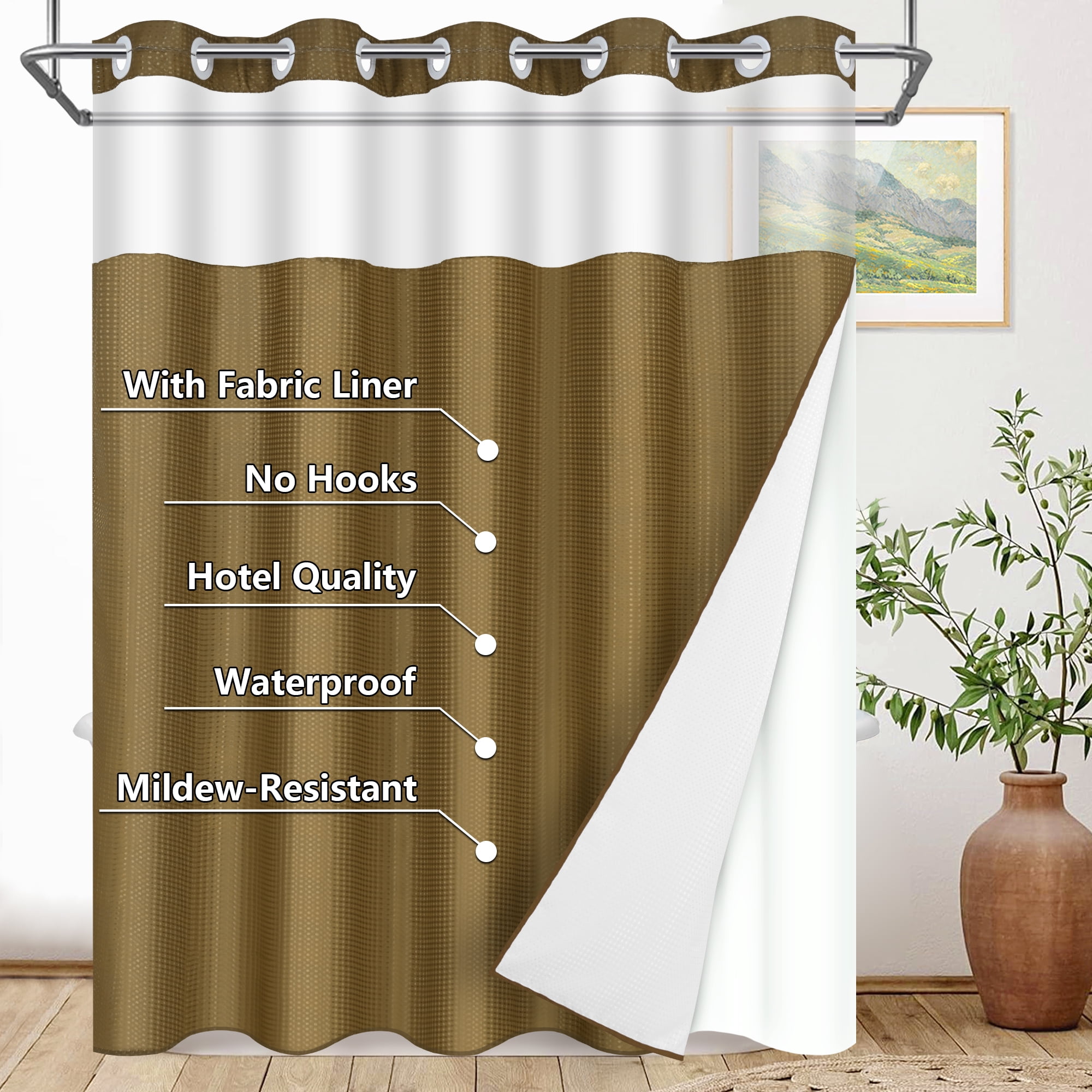 Ikfashoni Hookless Shower Curtain with Snap in Liner,Brown Waffle Weave Waterproof Fabric Mesh Window Bathroom Curtain,72"X78"